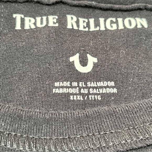 TRUE RELIGION Black Splatter Buddha Wink Graphic T Shirt Sz 3XL Y2K AOP Retro - Picture 9 of 10